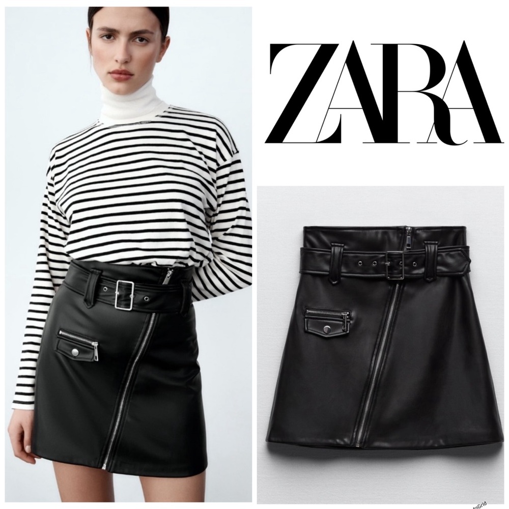 NWOT Zara Woman Faux Leather Skirt With Zippers Black Size S Small